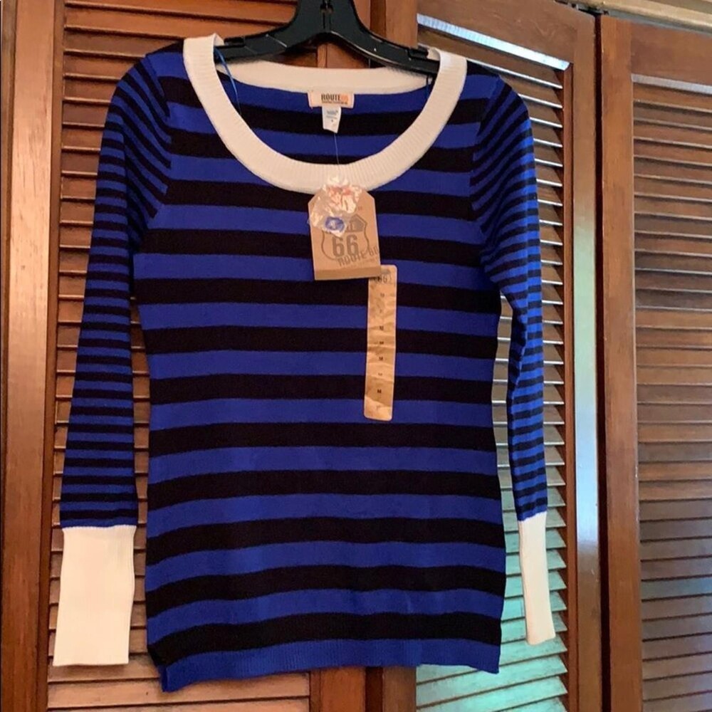 Route 66 Women’s Medium Blue Black Striped Sweater NWT Long Sleeve Casual Top